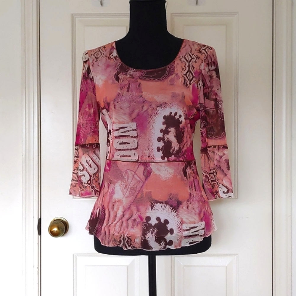 NWOT. Vintage Multi Color Patterned 3/4 Sleeve Sheer Blouse with lining.